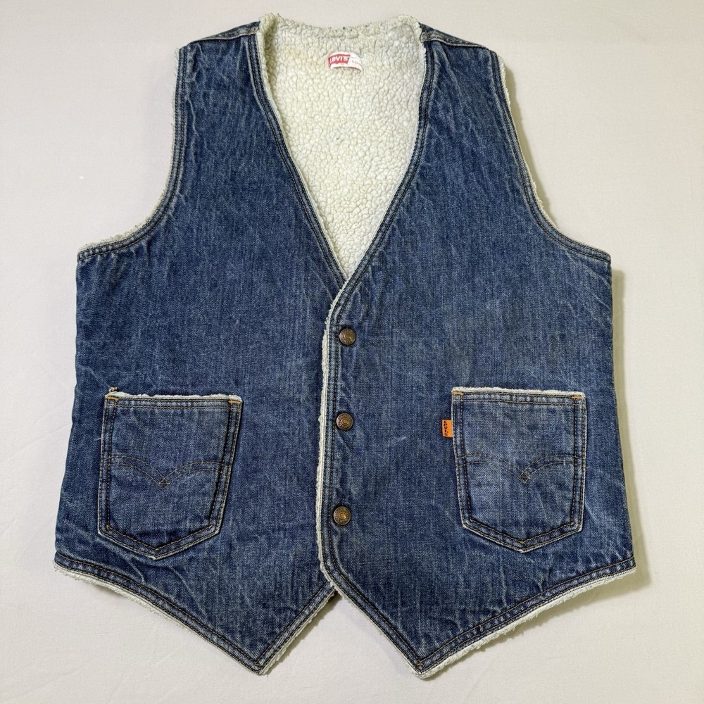 Vintage Levis Sherpa Lined Trucker Vest Jacket Mens Medium Denim USA Orange Tab‎
